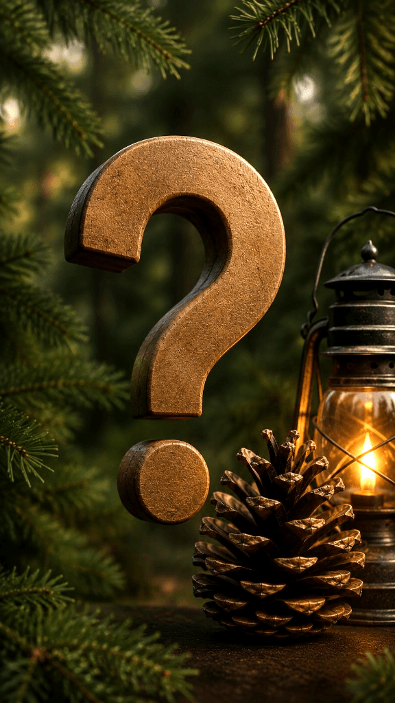 Wooden question mark with a pinecone and lantern in a pine forest