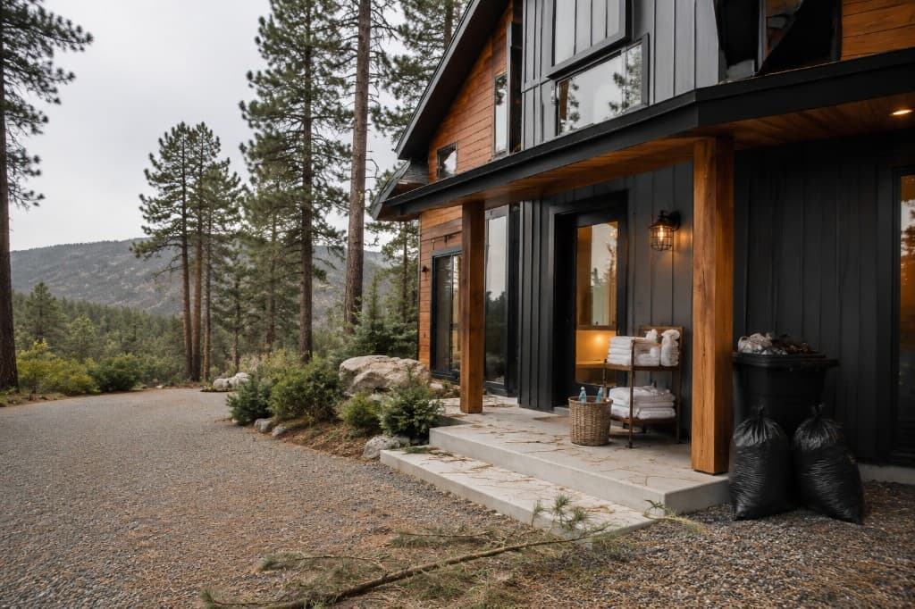 Cabin turnover — towels ready and trash waiting after guests leave