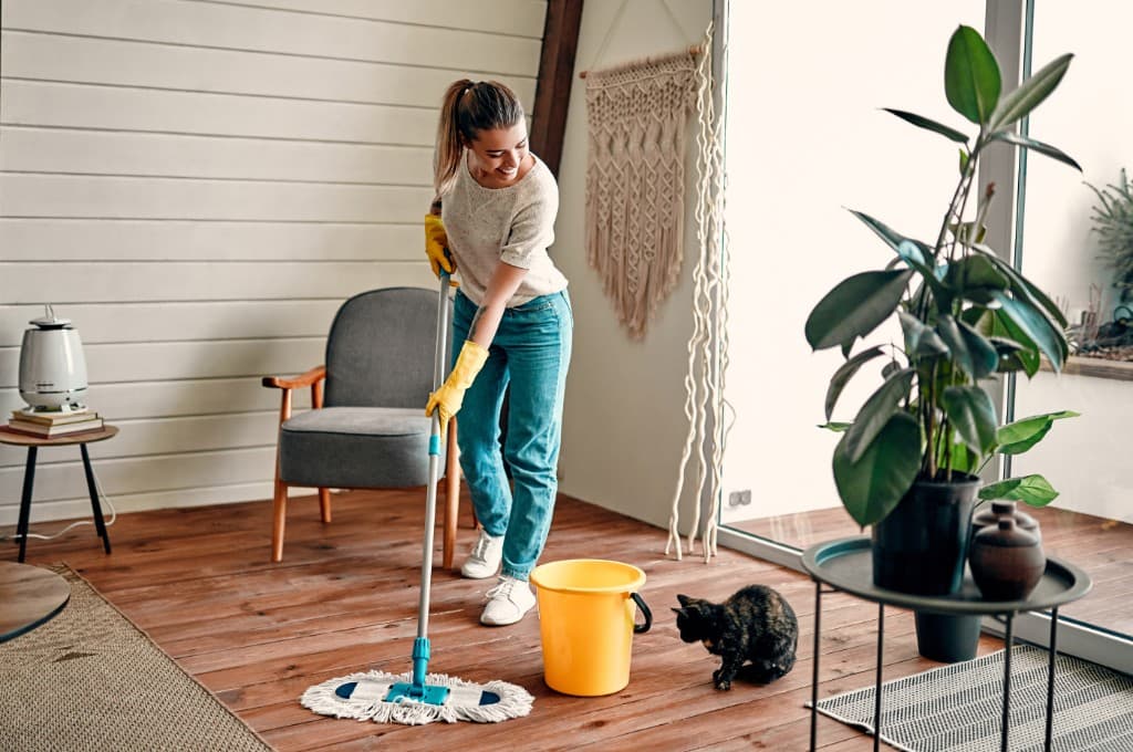 Cleaner preparing a short-term rental living room between guests