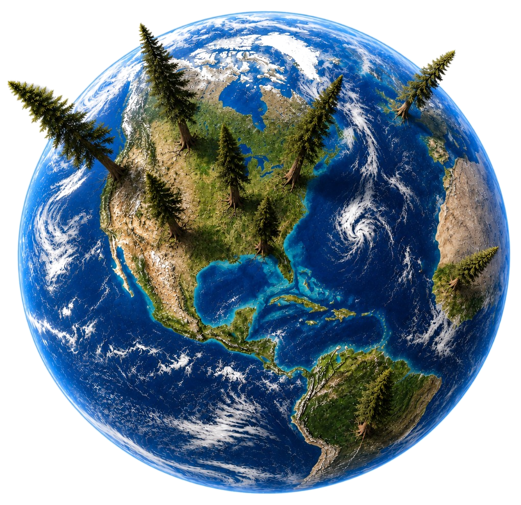 Earth with pine trees growing from the continents — TaskPine Rewards